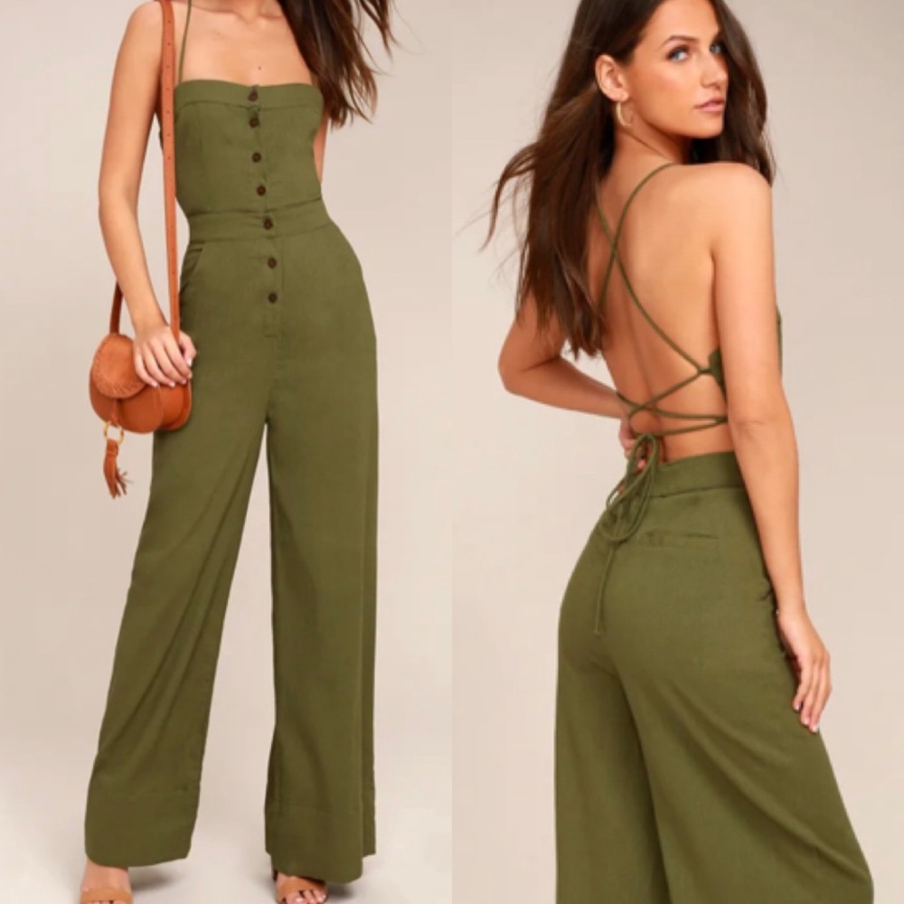 Lulu's Olive Green Strappy Back Wide-Leg Jumpsuit